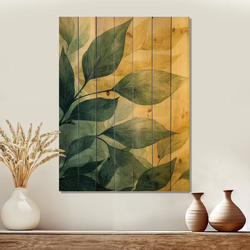 Green Yellow Summer Leaves Foliage Collage III - Leaves Wood Wall Art - On Natural Pine Wood, 20" H x 10" W x 0.78" D