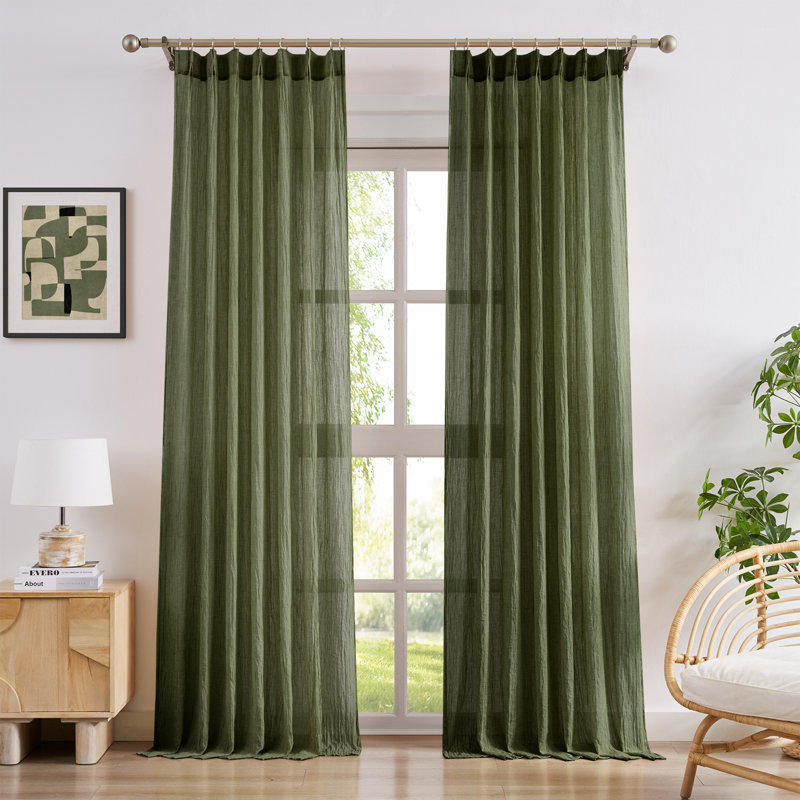 Cotton Blend Light Filtering Pinch Pleat and Back Tab Curtain Panel Pair, 40" W x 96" L, Olive Green