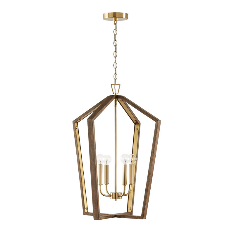 Nordic Wood and Matte Brass 4-Light Lantern Pendant