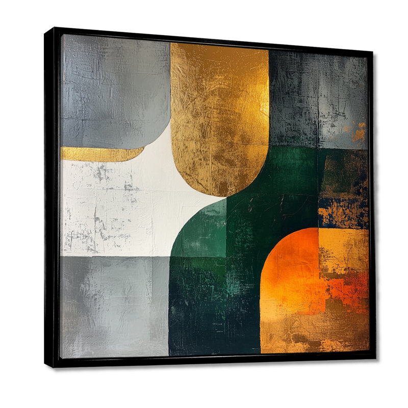 Nuallan géométrique or vert et gris forme pure I - art géométrique abstrait, H 16 po x l 16 po, Impression encadrée flottante