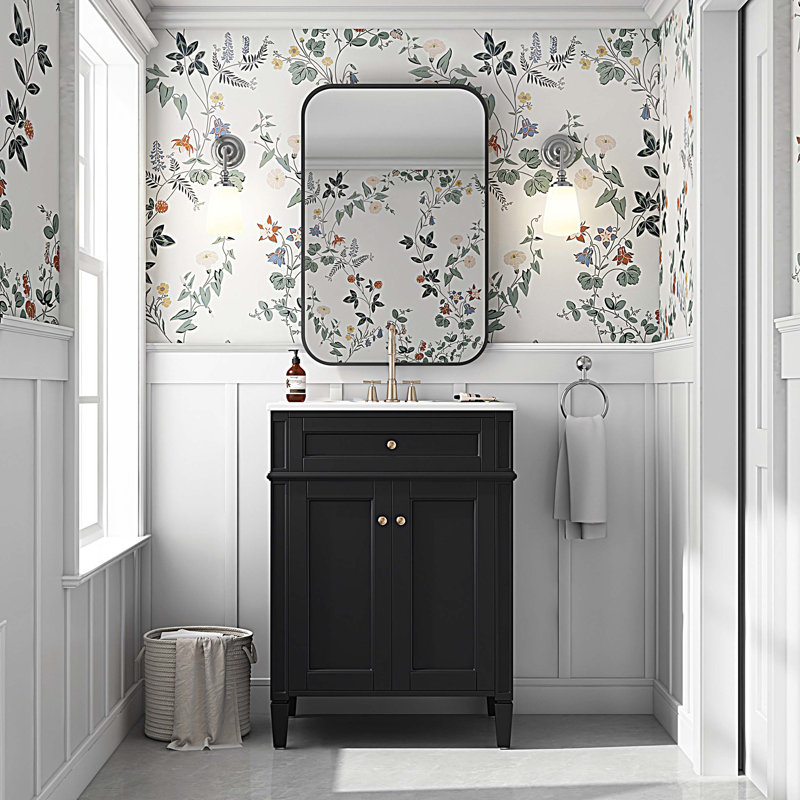 Meuble-lavabo 24 po avec lavabo en céramique, armoire de salle de bain avec 2 portes et tiroir coulissant, Noir
