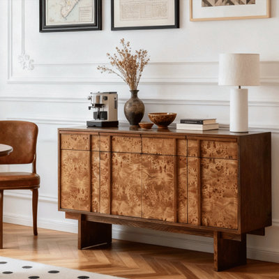 Mid Century Modern 59.06"W Handleless Storage Credenza, Warm Brown Textured Sideboard For Entryway Living Bedroom