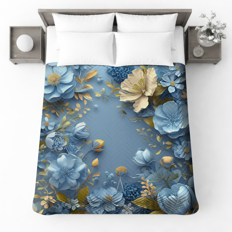 Couvre-lit floral bleu à motif floral, Double