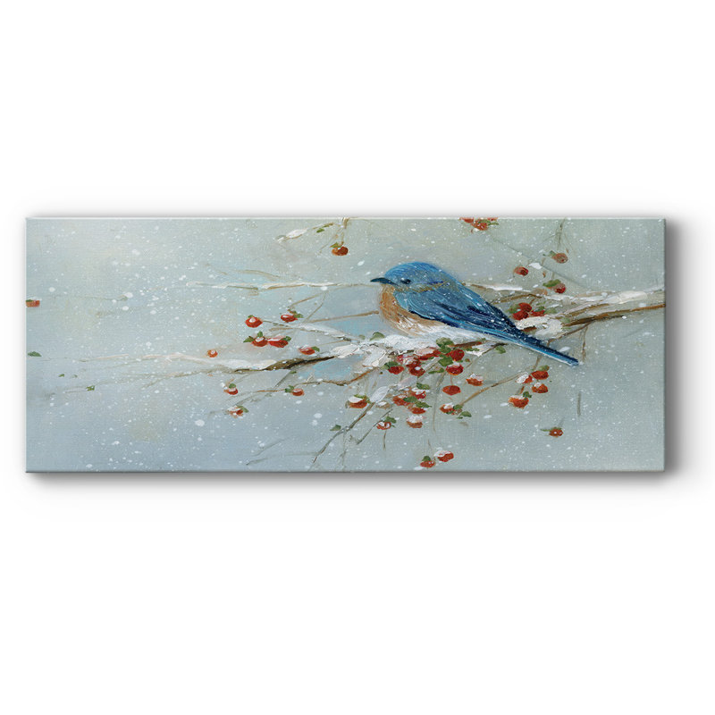 Oiseau bleu en hiver sur toile, H 8 po x l 20 po x P 1,5 po