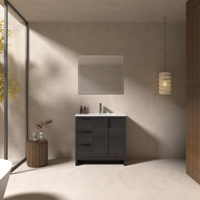 Meuble-lavabo simple 36 po avec plateau en résine blanc brillant, 3 tiroirs, 2 portes Modern pour petite salle de bain