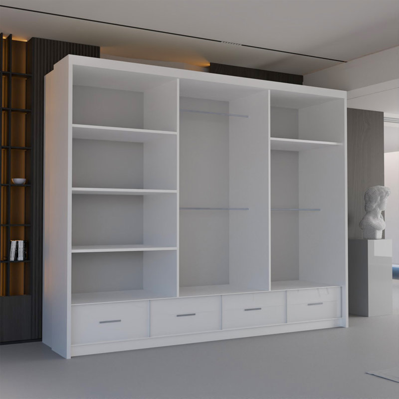 Bahos 3 Door Manufactured Wood Wardrobe, White, 220cm H x 255cm W x 66cm D