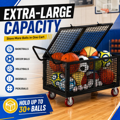 38.6″L Heavy-Duty Ball Cart with Wheels, Outdoor Ball Storage & Garage Toy Storage, Sports Equipment Organizer with Lockable Lid for Gym & School