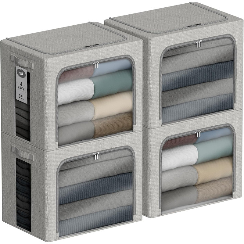 4 Pack Stackable Clothes Storage Bins With Metal Frame And Lids - Foldable Fabric Storage Containers With Clear Windows, Zippers & Handles For Home Organization