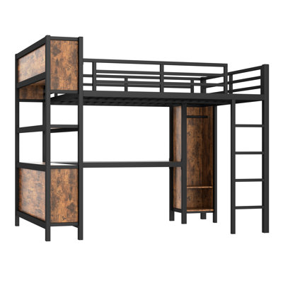 Queen Size Metal Loft Bed with Wardrobe, L-Shaped Desk & Storage Shelves, Heavy Duty Black Woodgrain for Kids Teens Adults