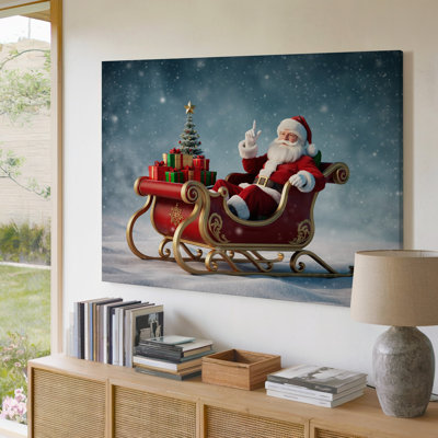 Toile, une scène de Noël fantaisiste mettant en vedette un père Noël joyeux barbu dans un luxueux traîneau rouge orné orné d'une toile dorée