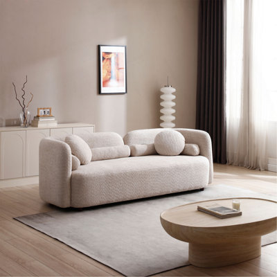 Luxury Modern Couch For Living Room, Beige Boucle Fleece Upholstered Comfy Couch For Apartment Home Office, 3 Seater