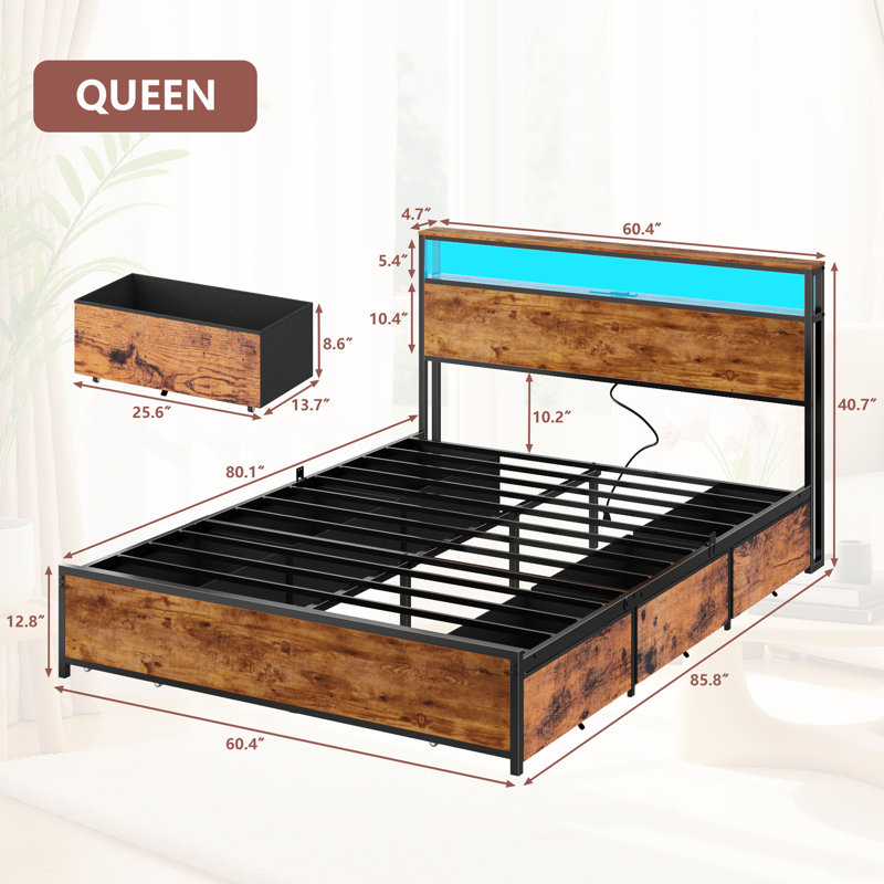 Queen Bed with 6 Drawers and Open Storage Headboard, Adjustable LED Light and Charging Station, No Box Spring Needed, Queen