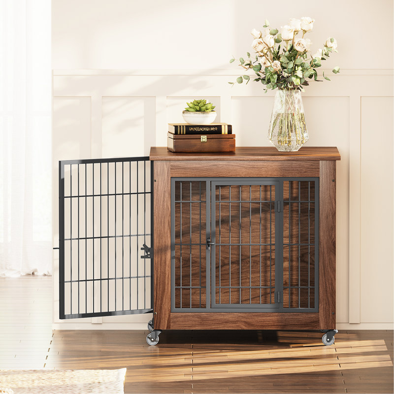 Cage pour petits chiens de 69 cm (27,2 po), robuste, à double porte, en métal avec roulettes, table d'appoint en bois, bien aérée et facile à déplacer à l'intérieur, conçue pour réduire l'anxiété et la sécurité des chiens.