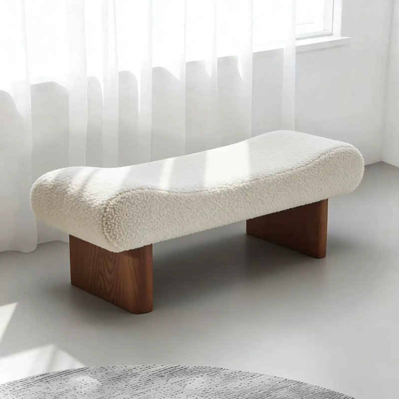 Banc rembourré en bois massif beige, 17.72" H x 55.12" W x 15.75" D