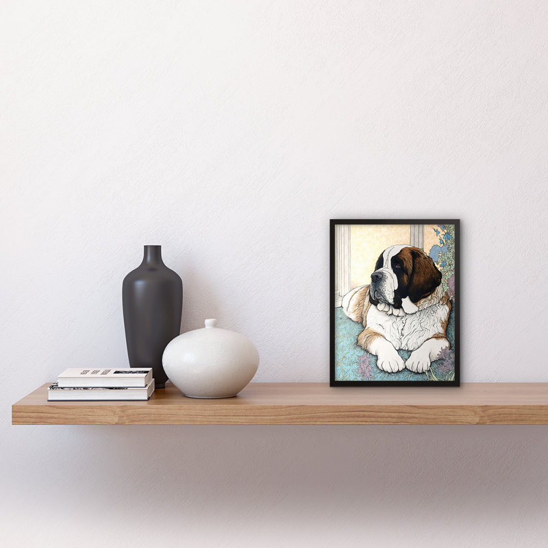 St Bernard Dog Lying By Flower Pot Modern Bright Multicoloured - Single Picture Frame Print