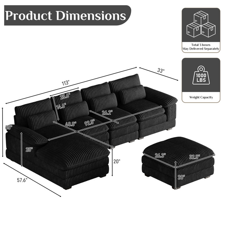 Canapé modulaire en U en chenille 4 pièces avec méridienne et repose-pieds, Black Corduroy