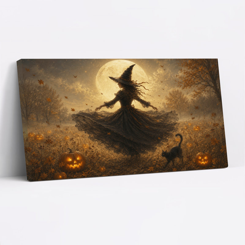 Silhouette, sorcière dansant dans un champ de citrouilles sous Halloween, L 32 po x H 16 po