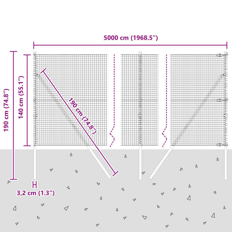 Welded Wire Fence With 7 Posts Steel, 140cm H x 5000cm W, Green