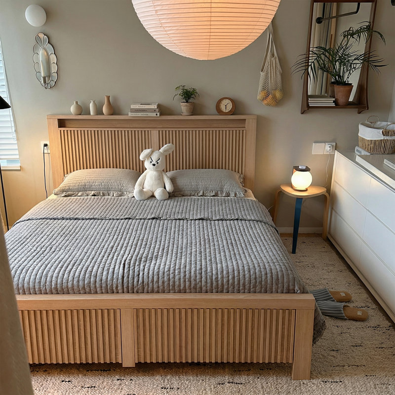  Fluted Panel Platform Bed with Storage, LED Lights & USB Charging - Wooden Beds & Frames,Full/Oak, Full, Oak