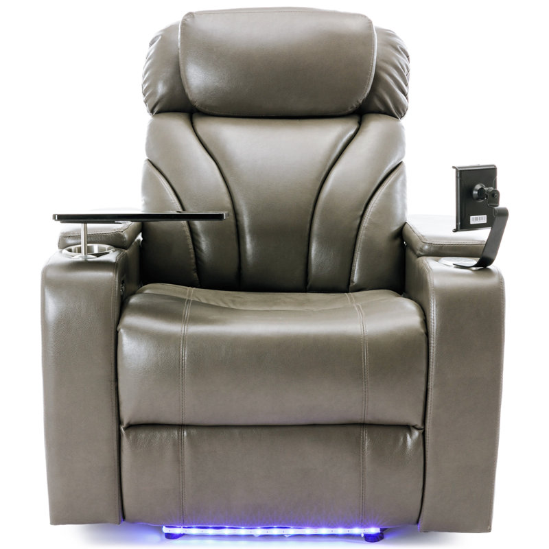 Leaon Faux Leather Power Reclining Home Theater Seat with Cup Holder, Gray Faux Leather