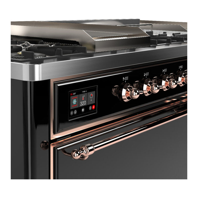 Majestic III Series 60 Inch Dual Fuel Range with 7 Sealed Burners, Griddle, Frenchtop in Glossy Black (Natural Gas, Copper Trim)