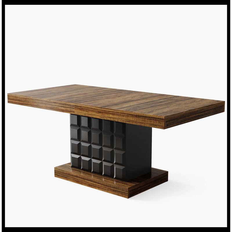 63" Dining Table, Rectangular Kitchen Table With Geometric Relief For 4-6