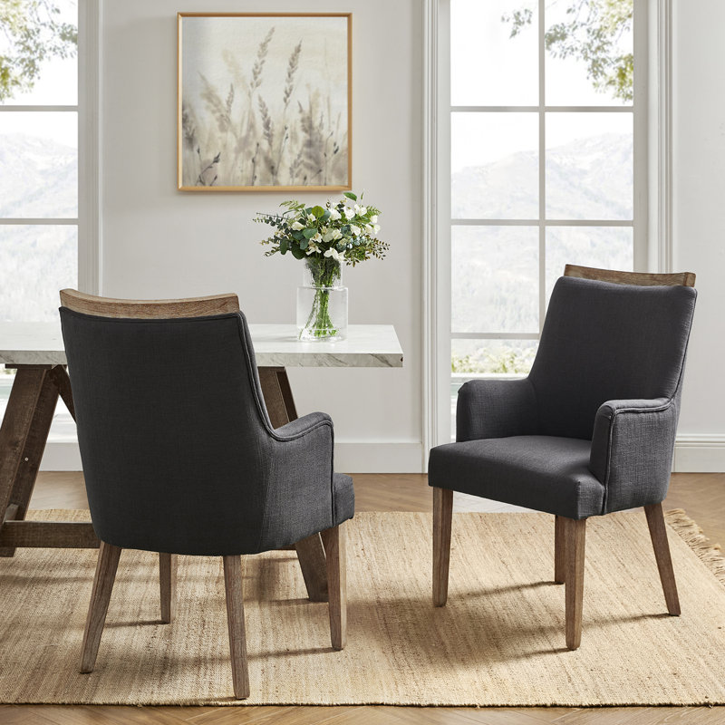 Chaise avec accoudoirs à dossier rembourré H 19 "avec pieds en bois massif Sara Farmhouse, Gris anthracite