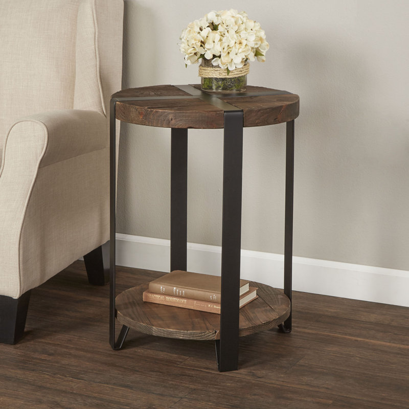 Nedra 20" Dia Rustic Industrial Solid Wood and Metal Round End Table With 1 Shelf