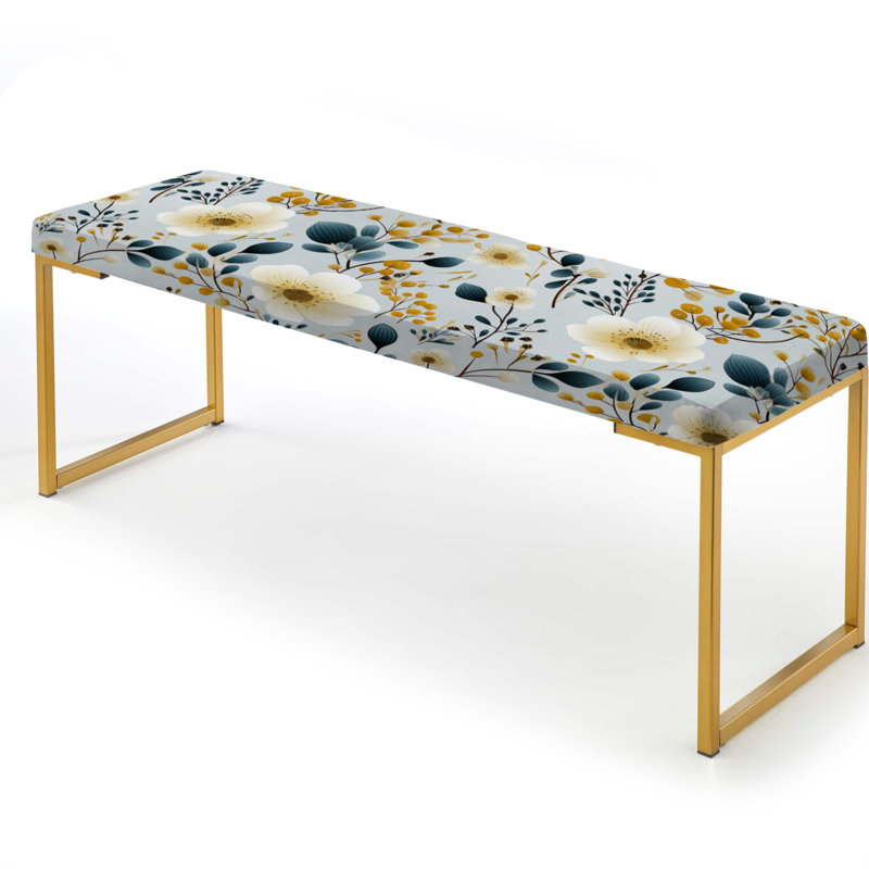 Floral Upholstered Gold Bench, White And Beige Minimalist Floral Bedding II