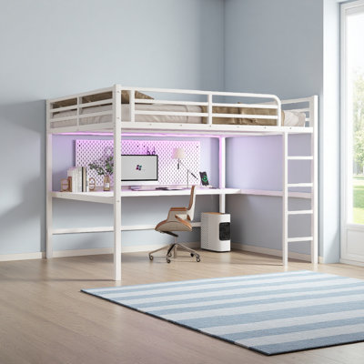 Metal Queen Size Loft Bed With Power Outlet And LED Lighted, Space-Saving, Noise Reduced