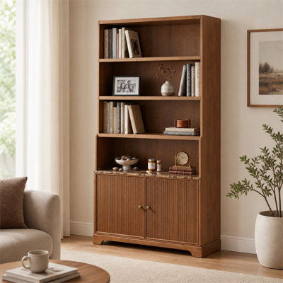 Bibliothèque en noyer avec 3 tablettes ouvertes