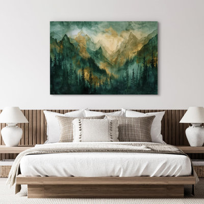 Woodland Forest Landscape Watercolor Green Mountain Forest Sunrise Landscape Modern Extra Large Canvas Print Wall Art