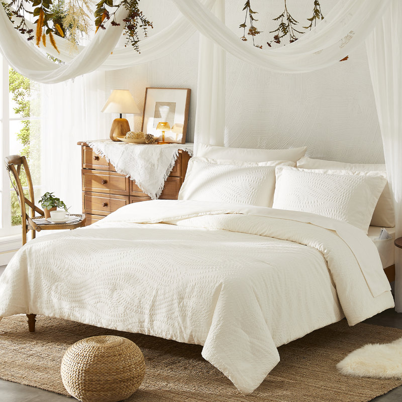 3D Embossed Comforter Set 7PC, King Comforter + 6 Additional Pieces, Ivory
