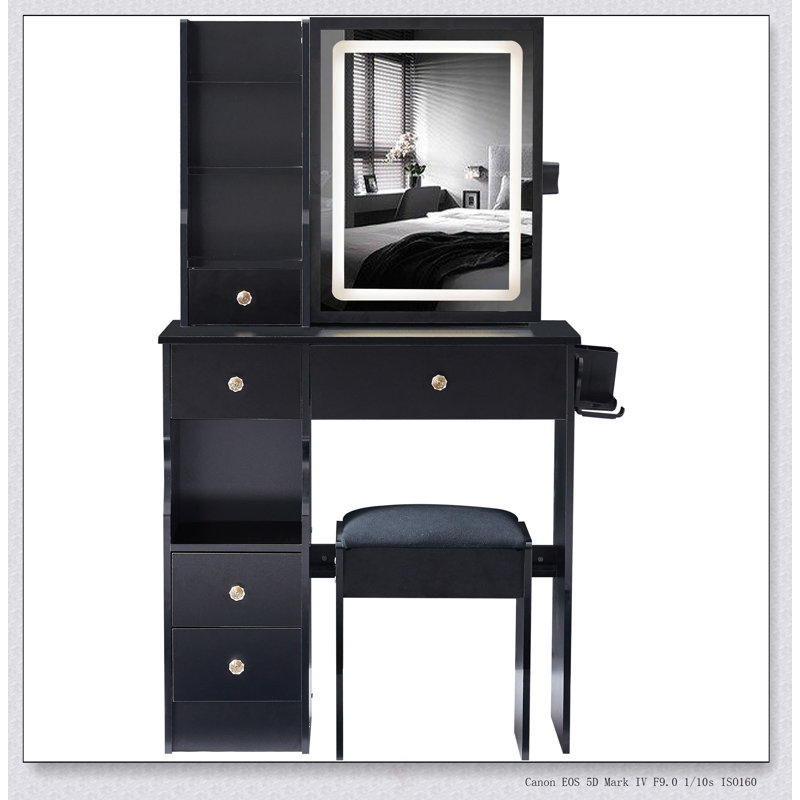Table de coiffeuse compacte avec miroir à DEL, centrale électrique et tabouret rembourré pour les petites chambres à coucher, éclairage tricolore et luminosité réglable