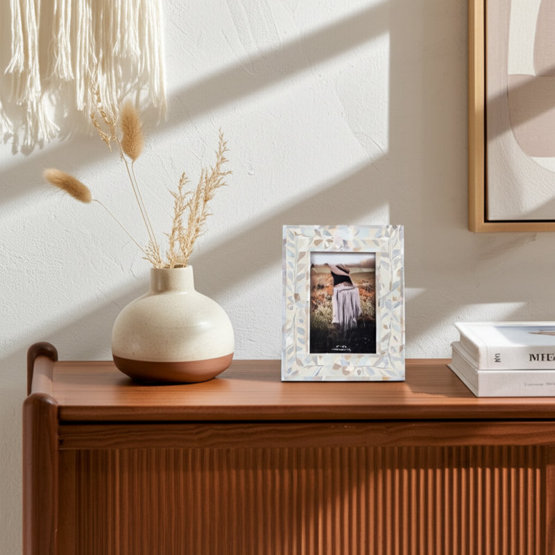 Elegant Rectangular Picture Frame with Flower and Vine Border - Decorative Photo Frame for Entryway Tabletop Display - Ivory & Tan
