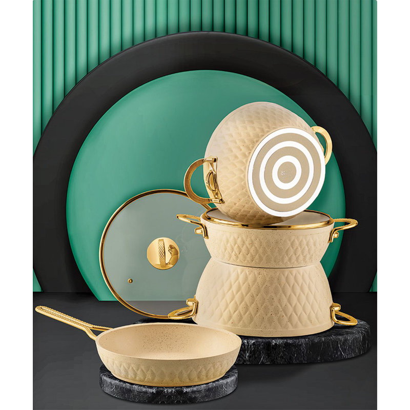 Premium 7-Piece Granite Pot Set, Cream Colour | Includes 1.8 Quart (20 cm), 1.7 Gallon (24 cm), 1.1 Gallon (26 cm) Pots & 26 cm Fry Pan | Elegant Design, Durable Material, Non-Induction Safe, Easy to Clean