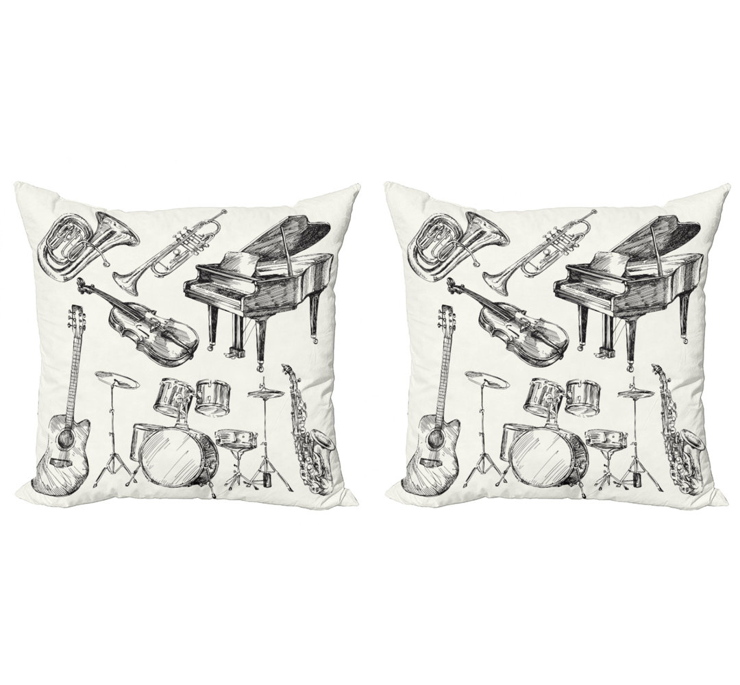 Ambesonne Jazz Music Decorative Throw Pillow Case Pack Of 2, Illustration Of Musical Instruments Sketch Style Art Trumpet Piano Guitar, Couch Bedroom Living Room Cushion Cover, 20", Beige Black (Set of 2) Ambesonne