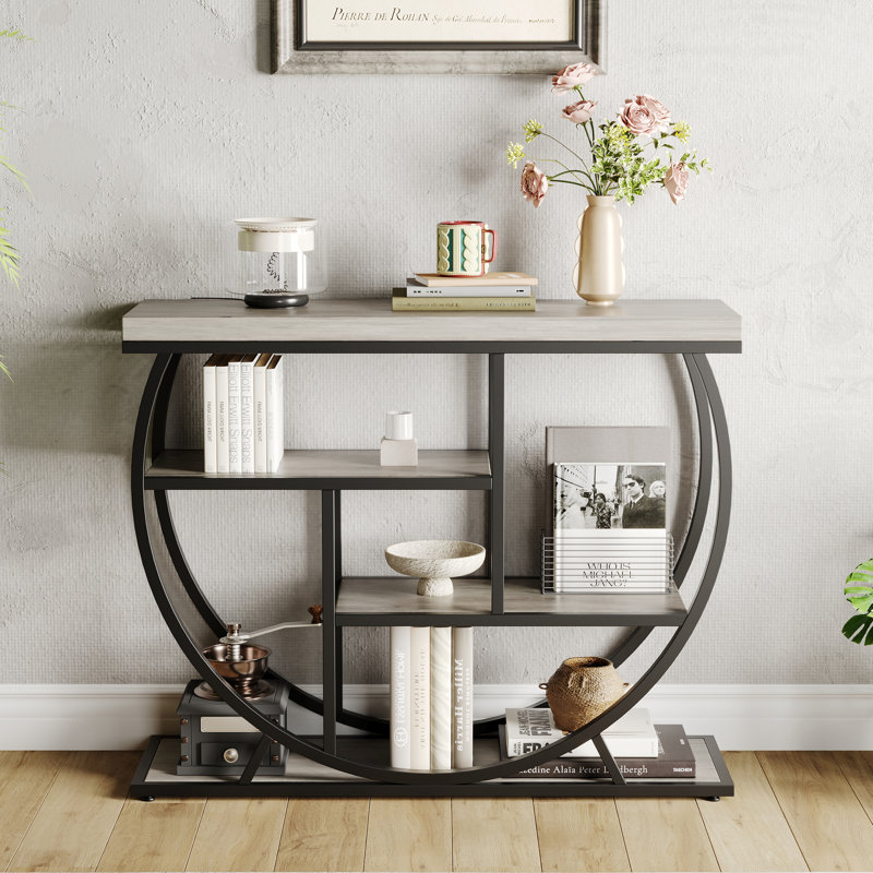 Console moderne 39 po pour hall d'entrée, table de couloir à 4 niveaux avec rangement, Noir, Gris / Noir