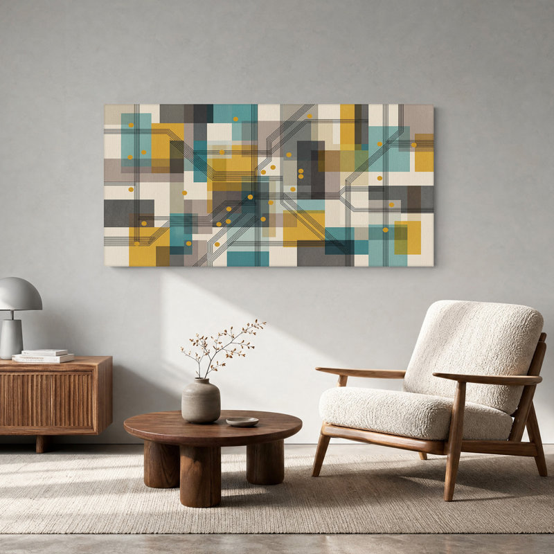 Motif de circuit géométrique sur toile sarcelle et moutarde, 32“W x 16”H