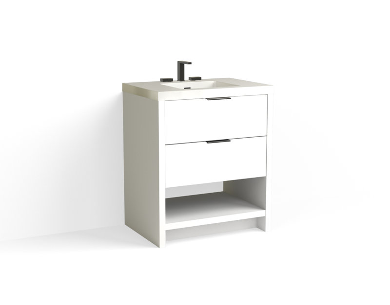 Vue 30" W Freestanding Single Bathroom Vanity, White Nanomatte, Matte White/8" Widespread, Matte Black