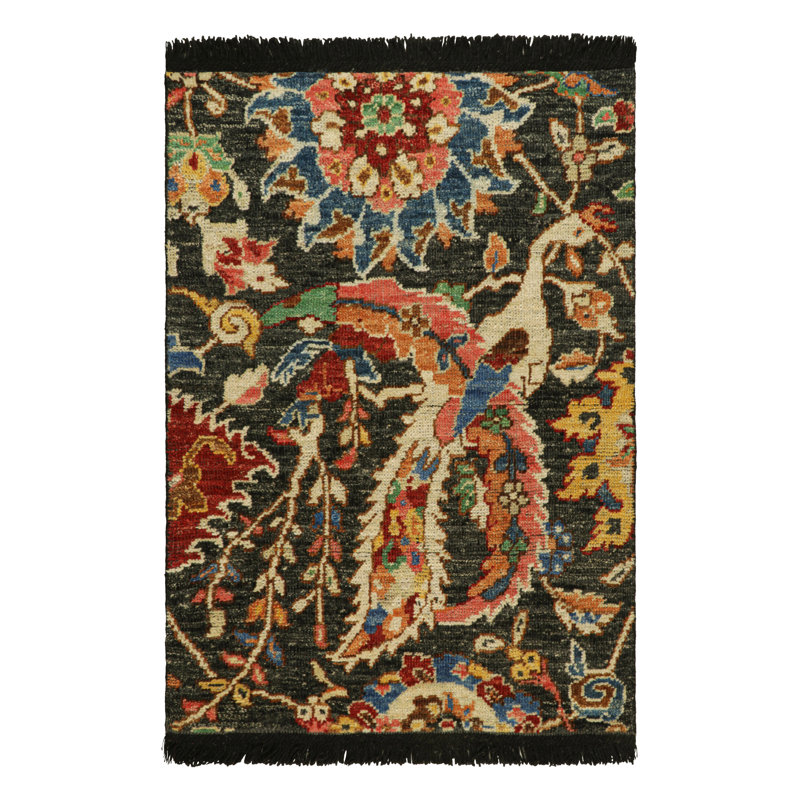 Rug & Kilim’S  Kerman Style Rug In Black With Colorful Floral Patterns, Rectangle 6' x 9'