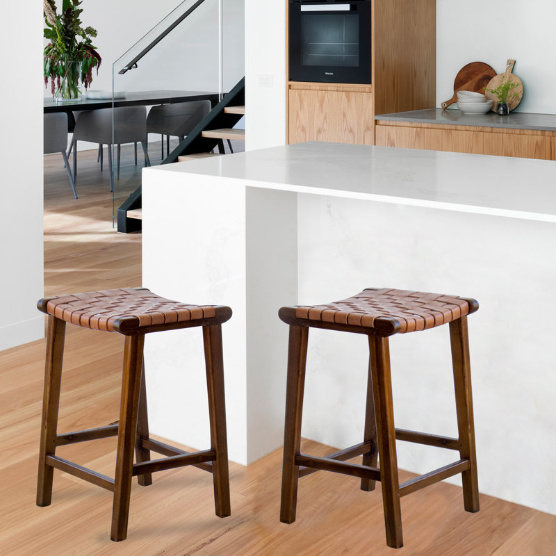 Tabouret de comptoir en teck massif avec siège en cuir véritable, Brun
