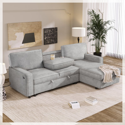 Finkle 89 Inch Upholstery Sleeper Sectional Sofa with Storage Chaise, Sleeper Sofa Bed with USB Port, 2 Cup Holders on Back Cushions