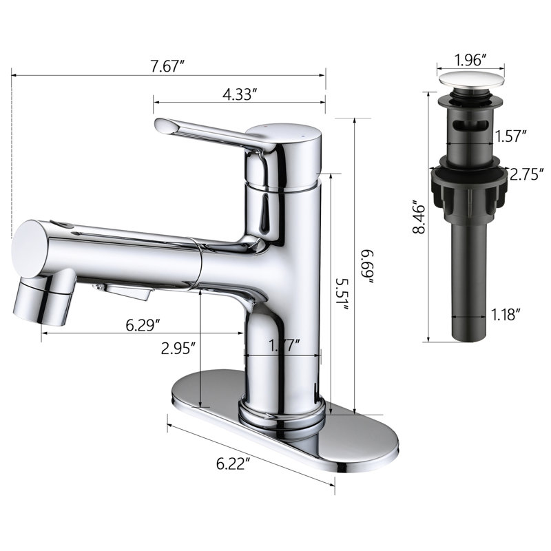 Bathroom Faucet With Pull-Out Spray Head, Single Handle, , 3 Options, Pop-Up Drain & Deck Plate, Stainless Steel