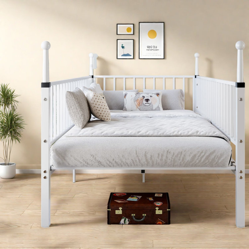 Lits en métal peu encombrants avec rangement, structure de 78,15 pouces, blanc moderne pour dortoirs