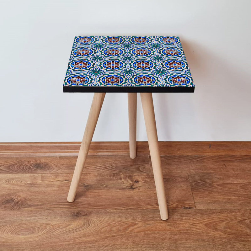 Elegant Side Table with Beech Wood Legs, 13.8 x 16.5 x 13.8 inches | 100% MDF Construction, Thickness: 0.7 inches | Ethnic Geometric Design Perfect for Living Room, Bedroom & Modern Décor