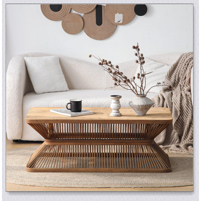Table basse de style Mid-Century moderne, décor en bois rectangulaire de 43,3 pouces avec base en bambou tissé - Table basse rustique Boho