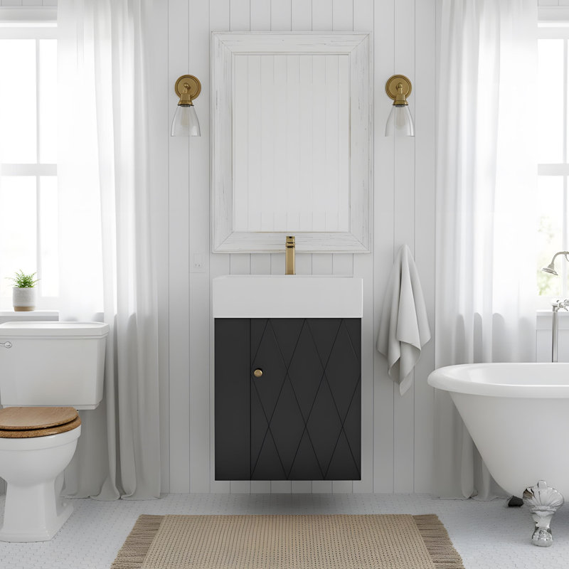 Meuble-lavabo mural avec portes à motif de losanges, Noir
