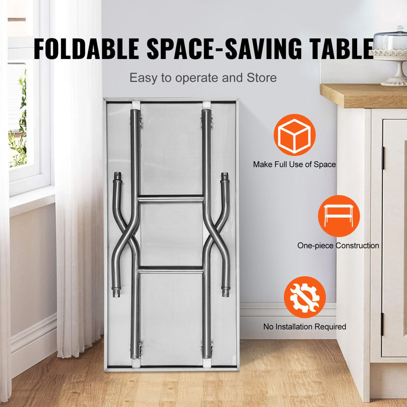 SUS201 Stainless Steel Folding Prep Table 48 x 30 Inch 1 Piece Silver Space-Saving