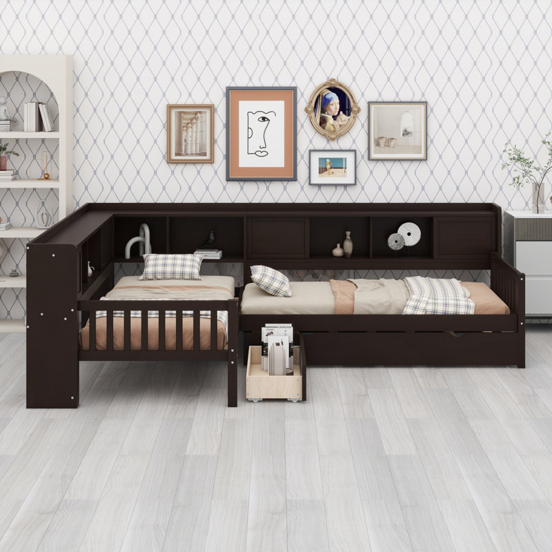 Lit plateforme en L avec lit gigogne, tiroirs de rangement et tablettes, Espresso